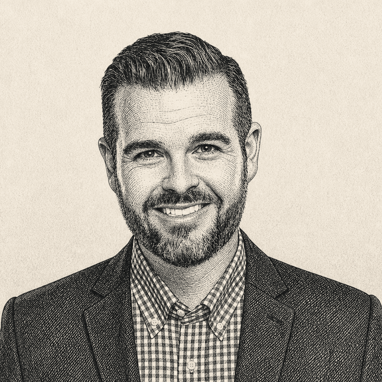 Hedcut portrait of Chris Myers, drawn as stippled ink in the style of a newspaper profile