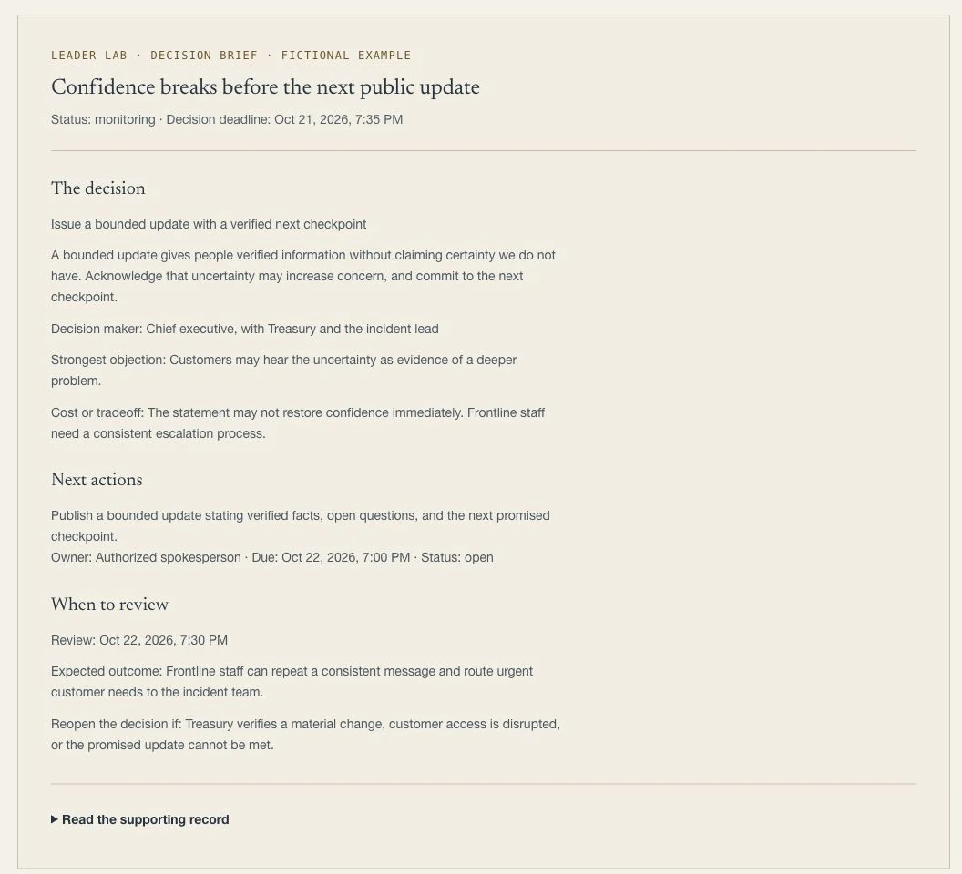 Actual public workspace preview: a fictional bounded-update decision brief with reasoning, objection, accountable owner, and review trigger.