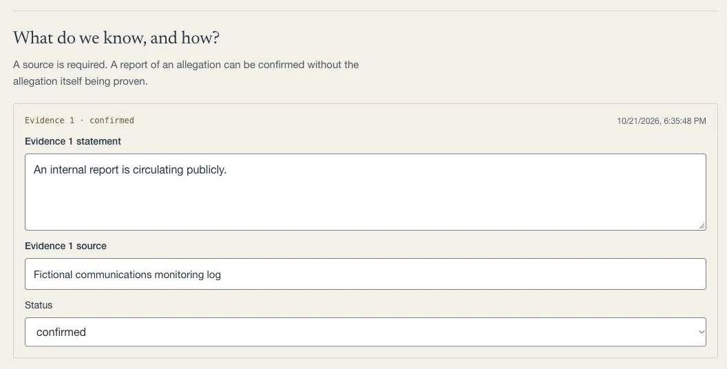 Actual public workspace preview: fictional bank-crisis evidence with sources and levels of certainty.