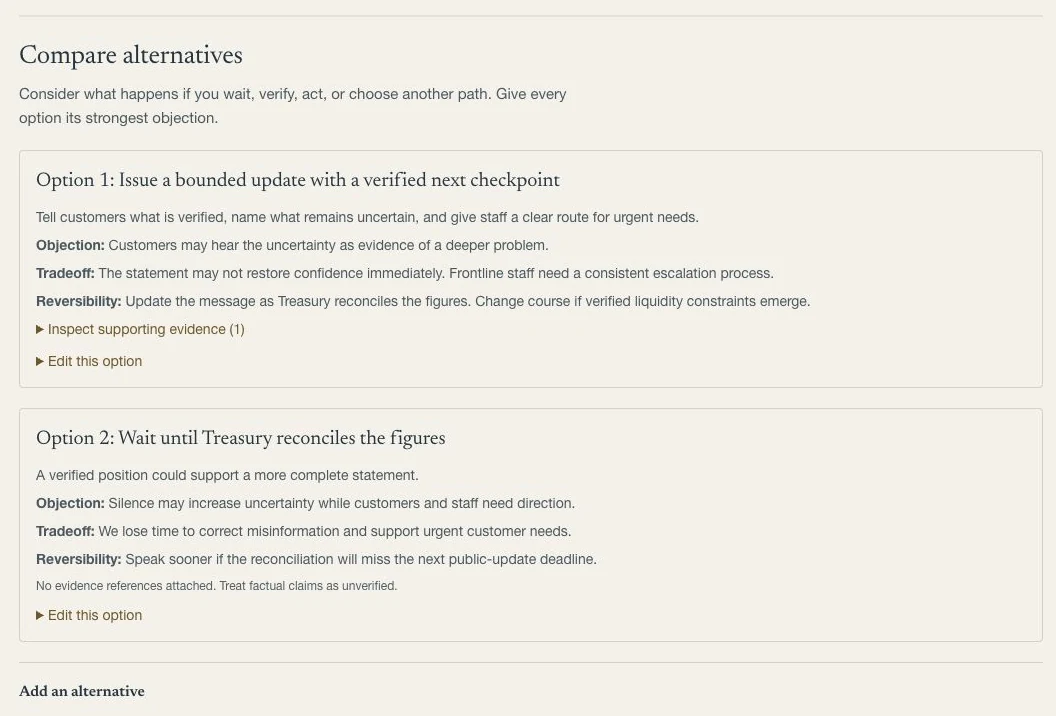 Actual public workspace preview: fictional alternatives for the bank statement and their tradeoffs.