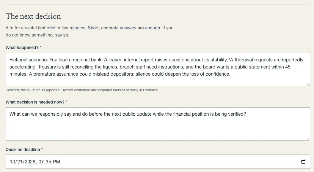 Actual public workspace preview: the fictional bank confidence crisis, the decision needed, and its deadline.