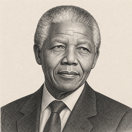 Woodcut portrait of Nelson Mandela, first president of democratic South Africa who embodied The Surrendered Advantage by constraining victory and relinquishing power on schedule